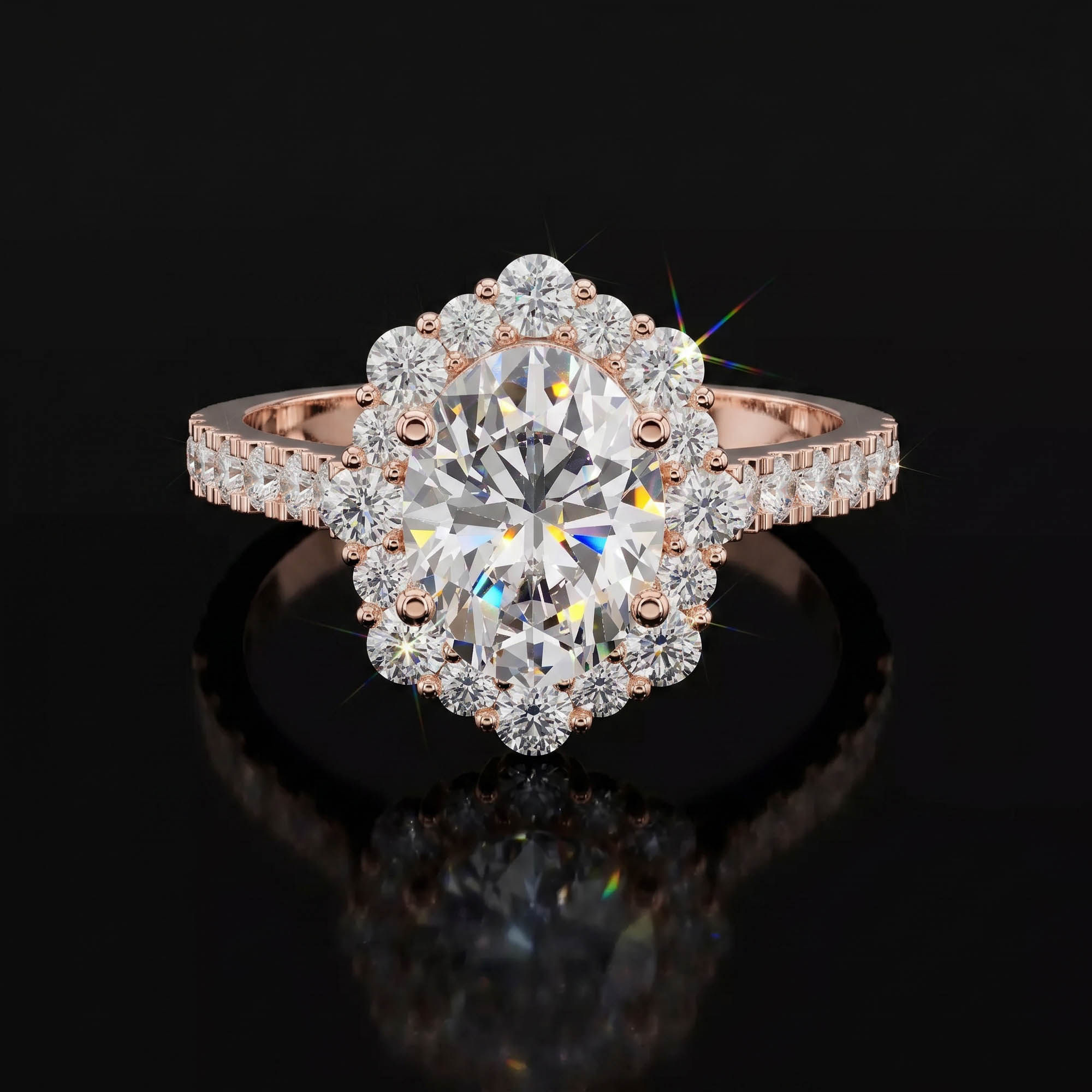 Aura 2,62 Karat Oval Kesim Güneş Halo Pavé Kollu Tektaş Yüzük