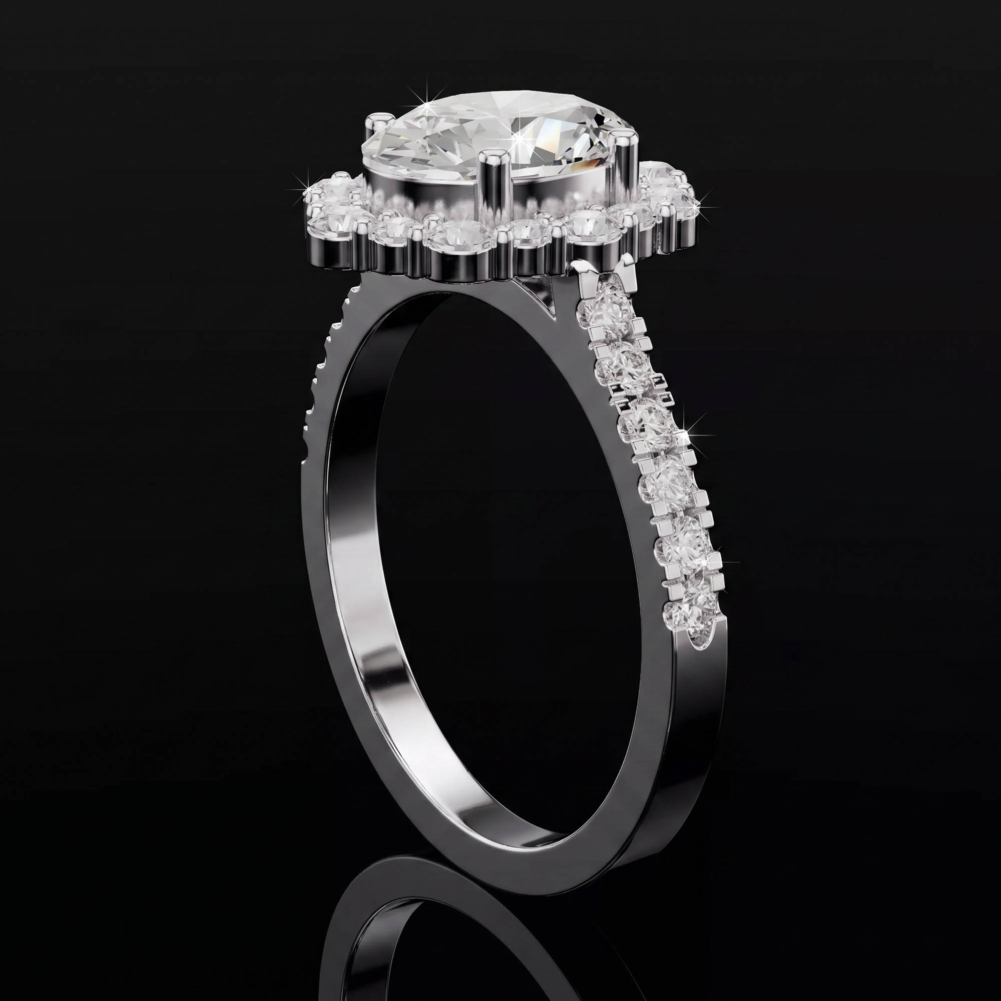 Aura 2,62 Karat Oval Kesim Güneş Halo Pavé Kollu Tektaş Yüzük