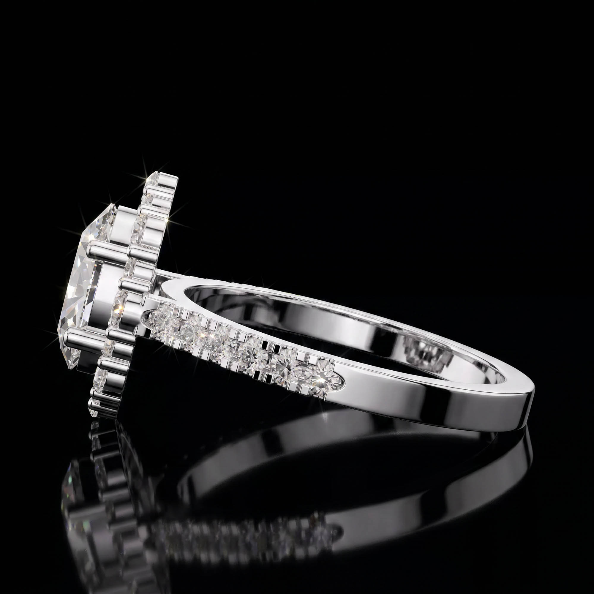 Aura 2,62 Karat Oval Kesim Güneş Halo Pavé Kollu Tektaş Yüzük