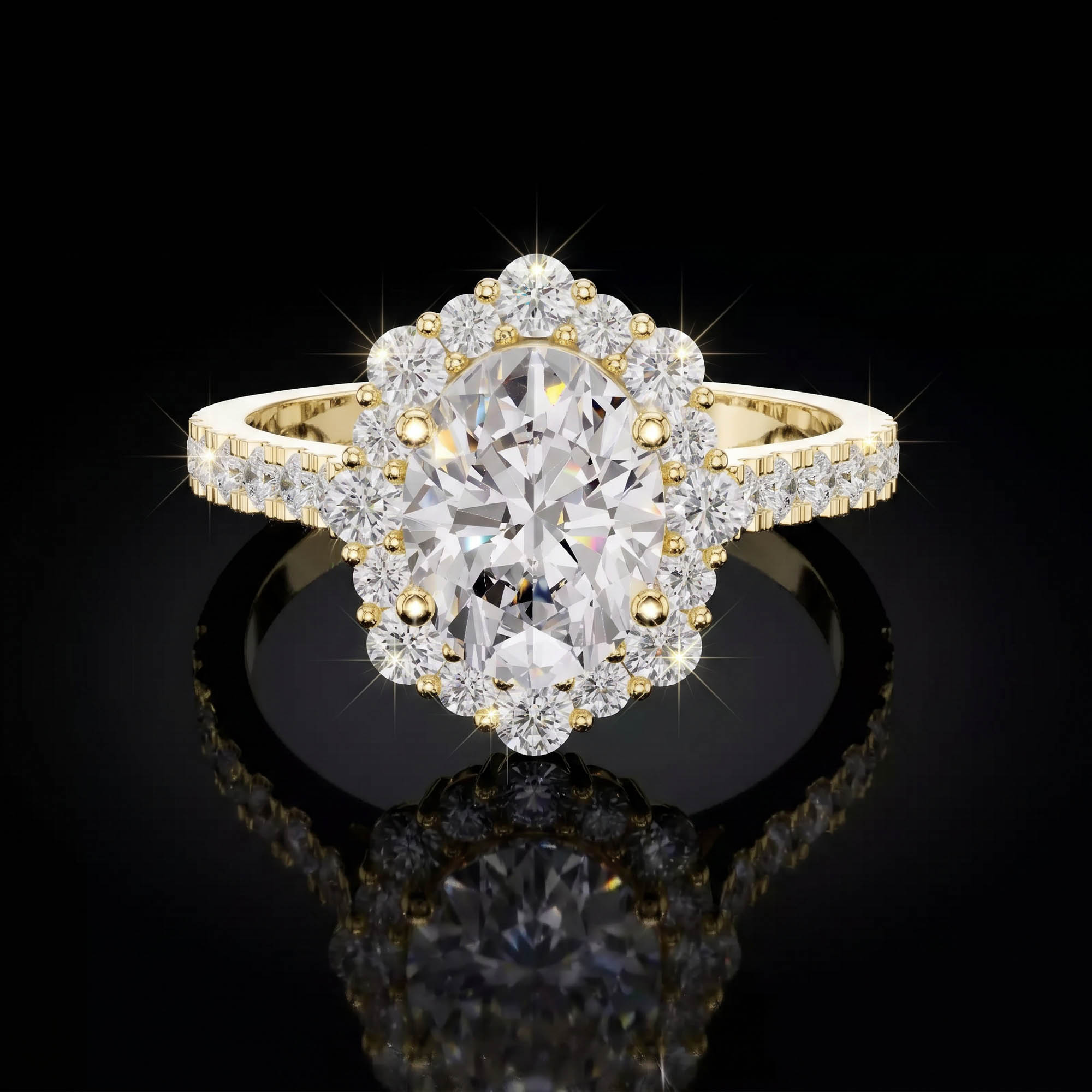 Aura 2,62 Karat Oval Kesim Güneş Halo Pavé Kollu Tektaş Yüzük