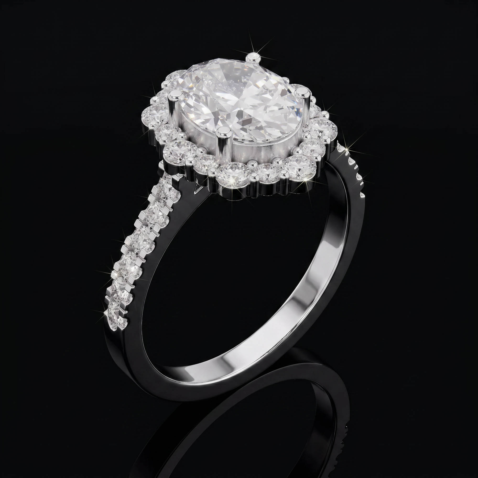Aura 2,62 Karat Oval Kesim Güneş Halo Pavé Kollu Tektaş Yüzük