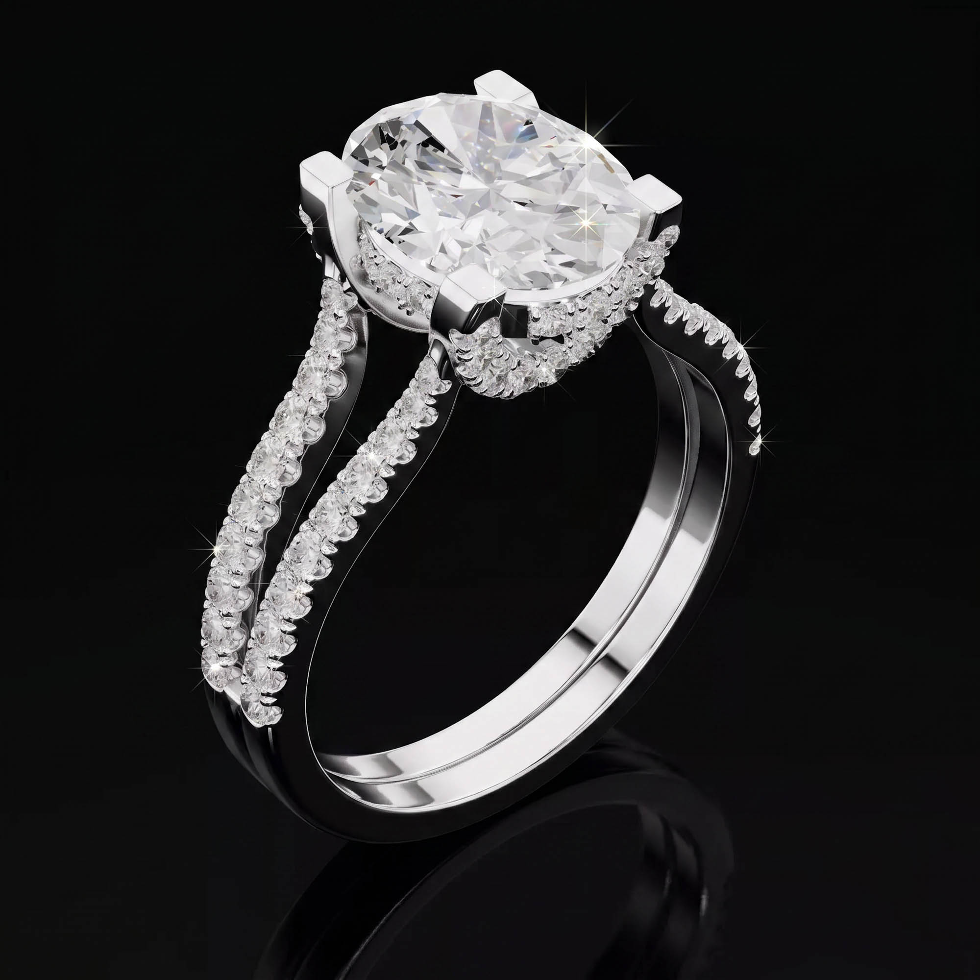 Aura 2,14 Karat Oval Kesim Çift Sıra Ayrık Kollu Gizli Halo Tektaş Yüzük