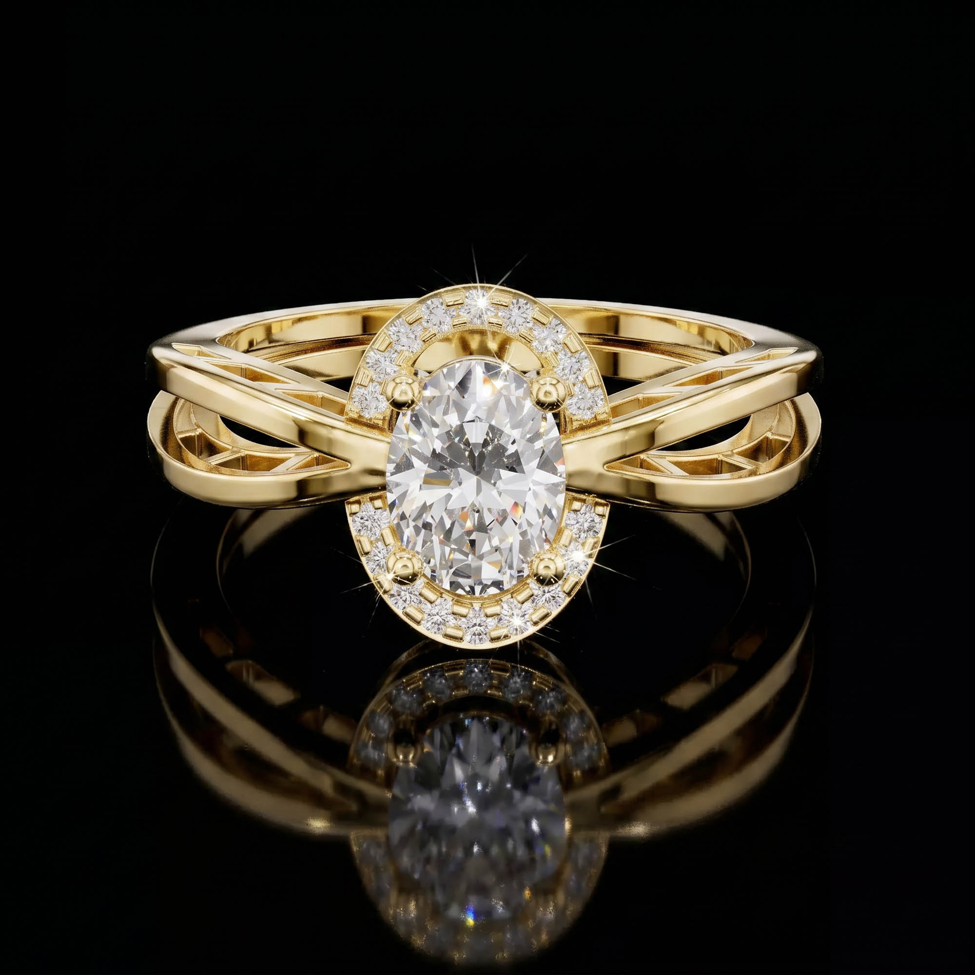 Aura 0,76 Karat Oval Kesim Halo Taşlı Mimari Çift Kollu Tektaş Yüzük