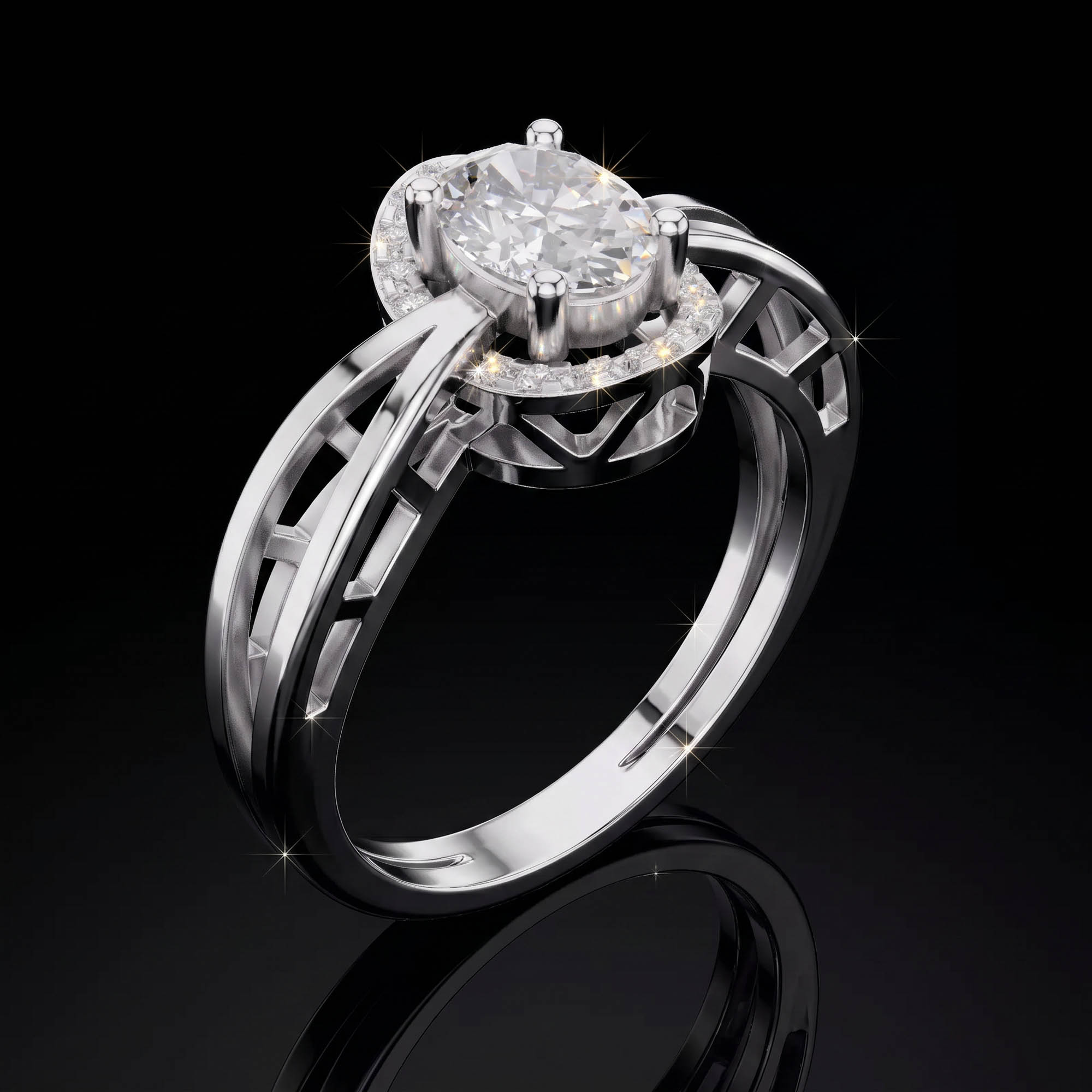 Aura 0,76 Karat Oval Kesim Halo Taşlı Mimari Çift Kollu Tektaş Yüzük