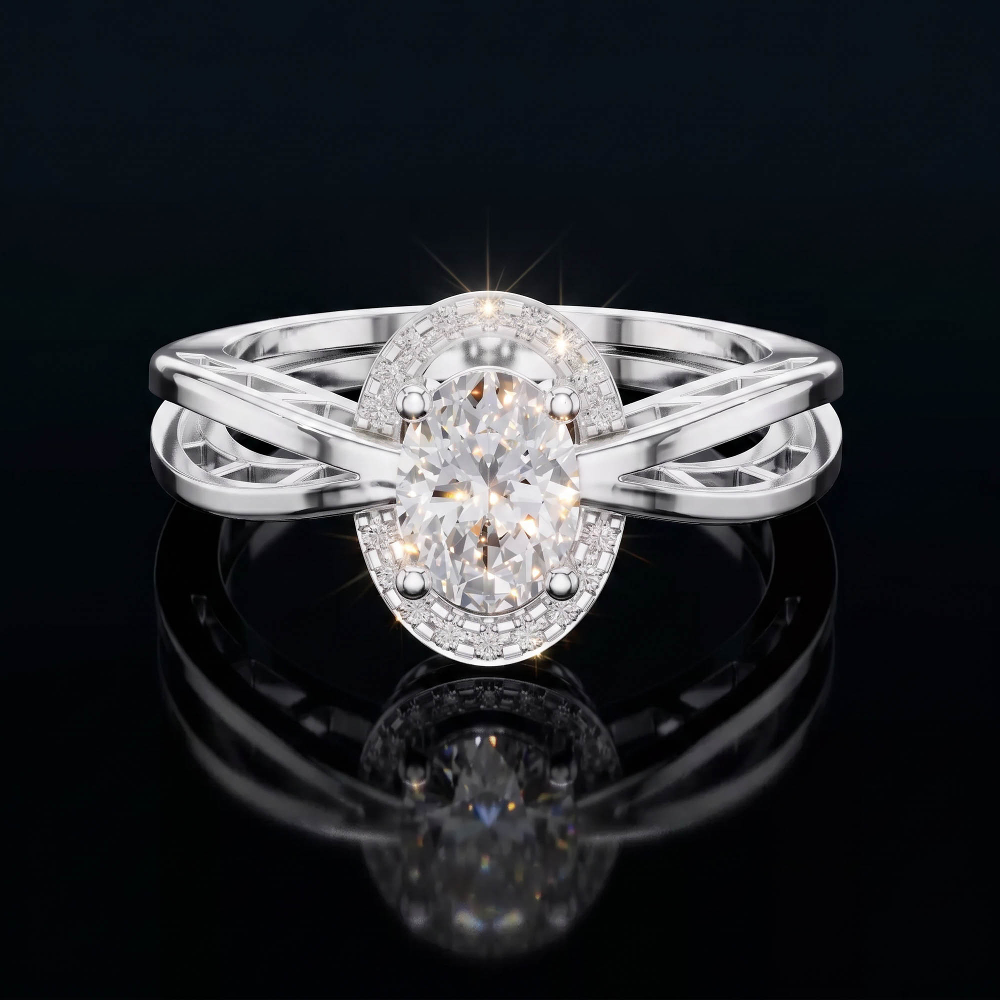 Aura 0,76 Karat Oval Kesim Halo Taşlı Mimari Çift Kollu Tektaş Yüzük
