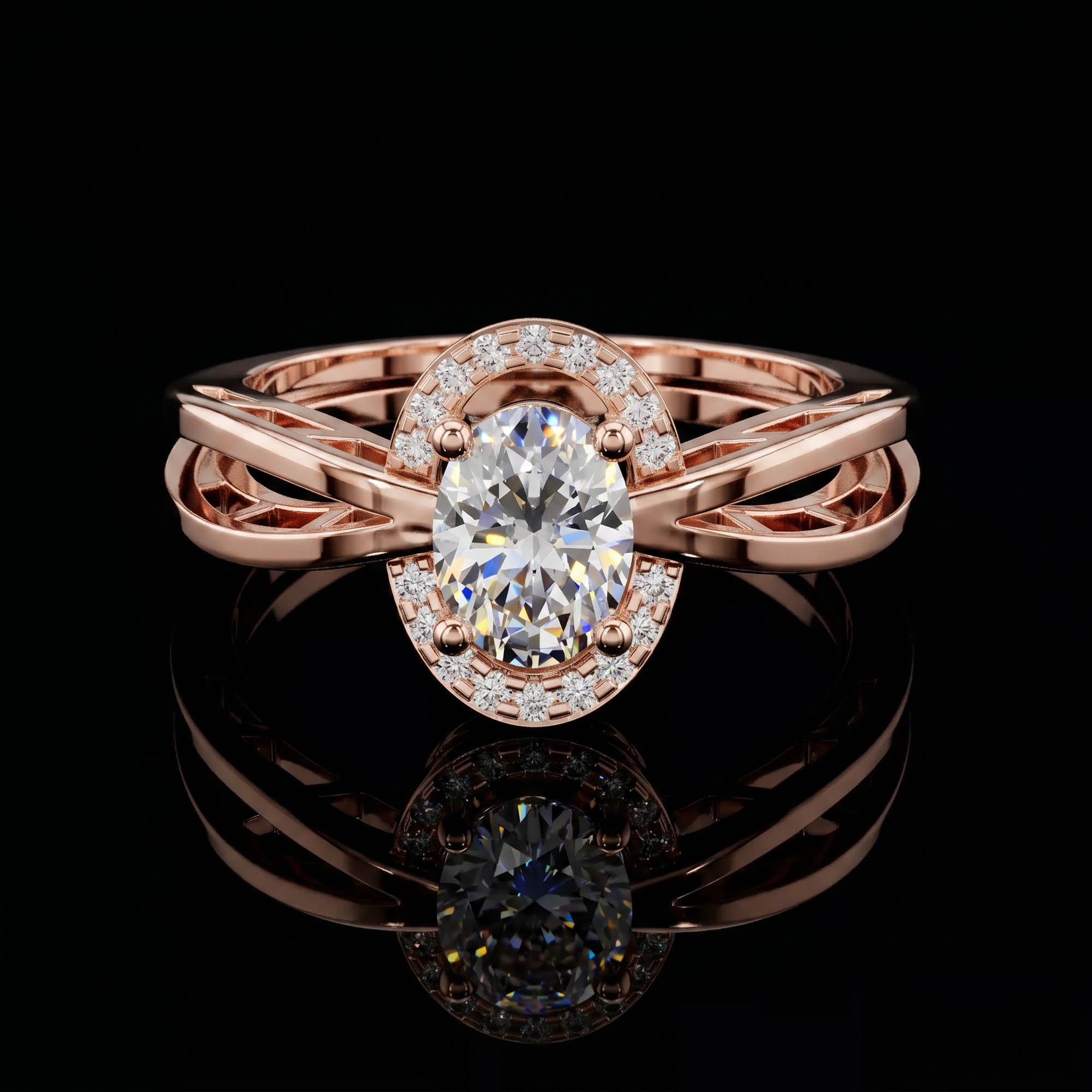 Aura 0,76 Karat Oval Kesim Halo Taşlı Mimari Çift Kollu Tektaş Yüzük