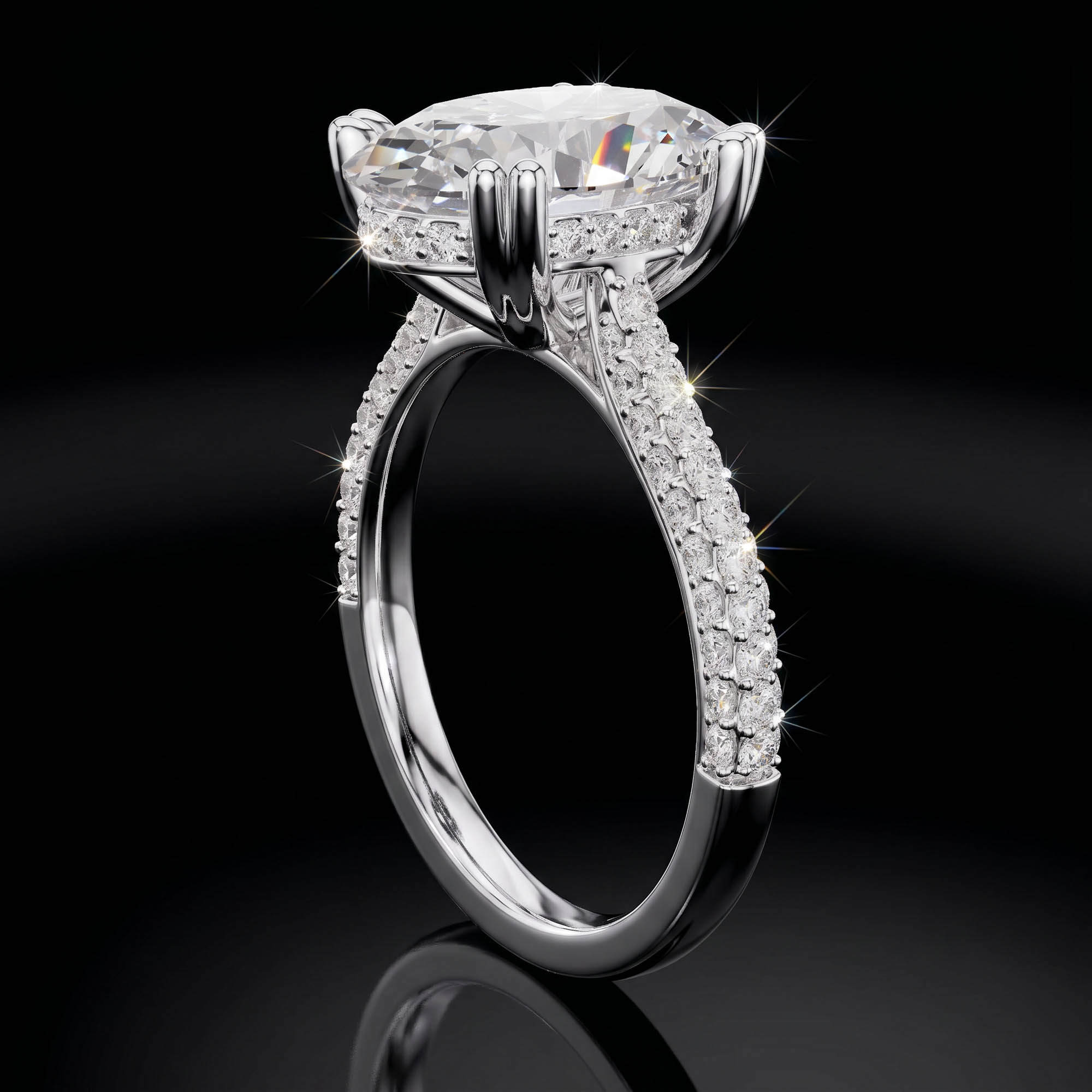 Aura 4,57 Karat Oval Kesim Çift Tırnaklı Çok Sıra Pavé Kollu Tektaş Yüzük