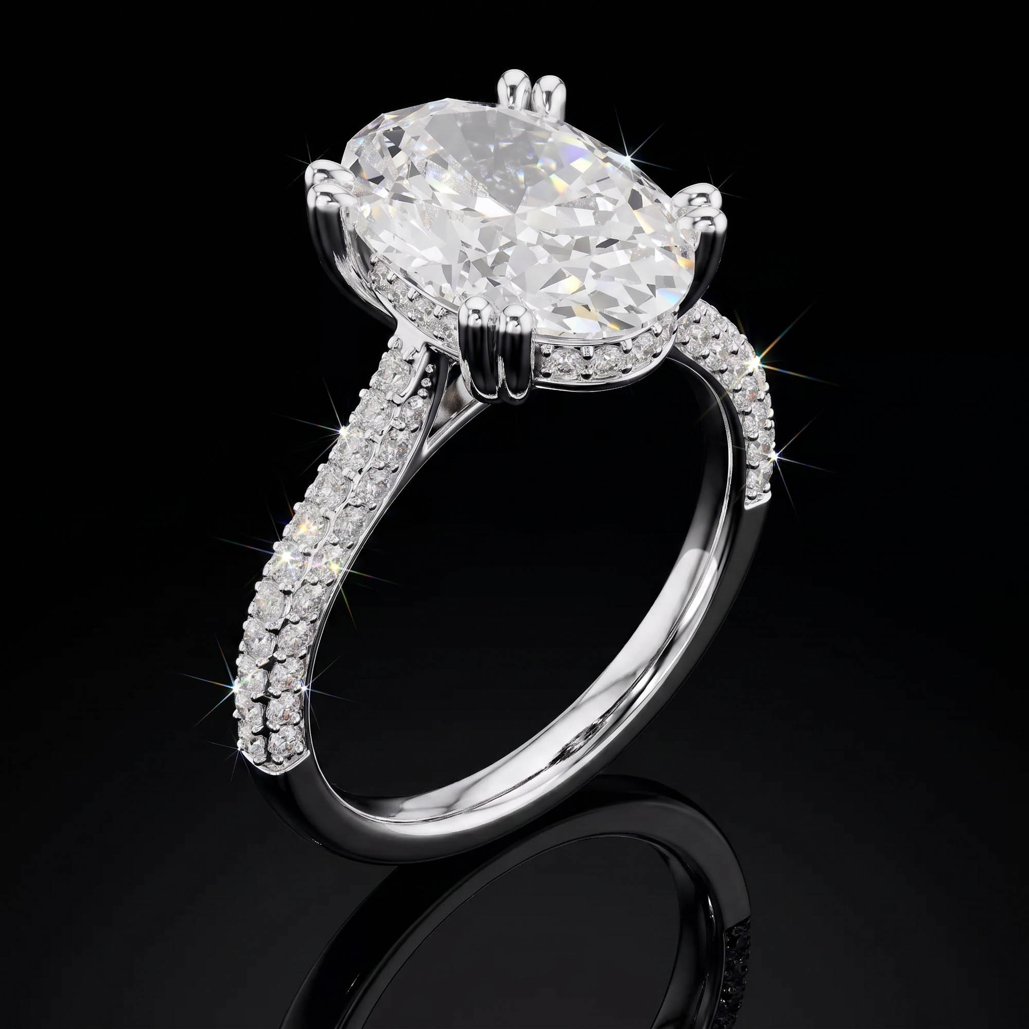 Aura 4,57 Karat Oval Kesim Çift Tırnaklı Çok Sıra Pavé Kollu Tektaş Yüzük