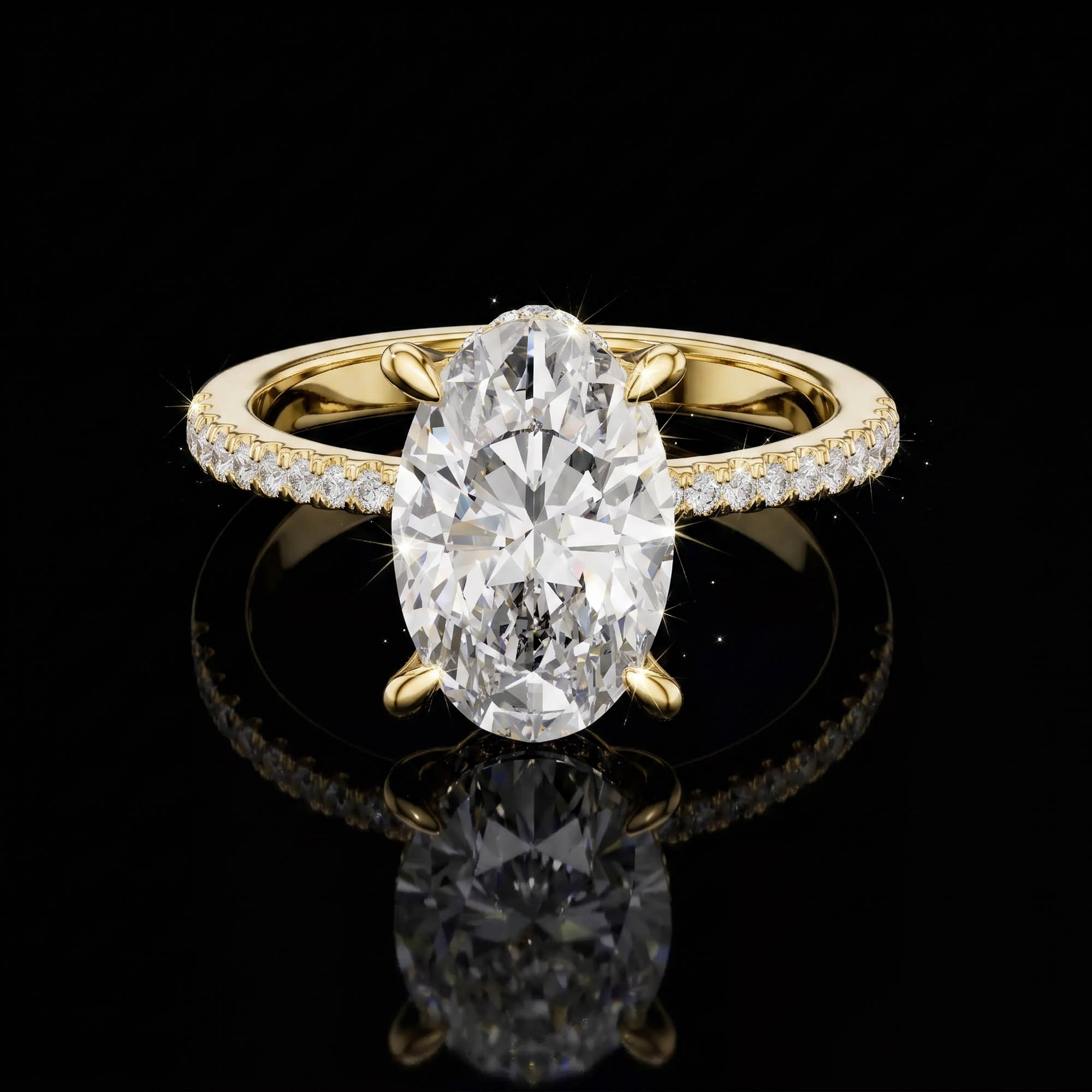 Aura 3,34 Karat Oval Kesim Çift Sıra Gizli Halo Pavé Kollu Tektaş Yüzük