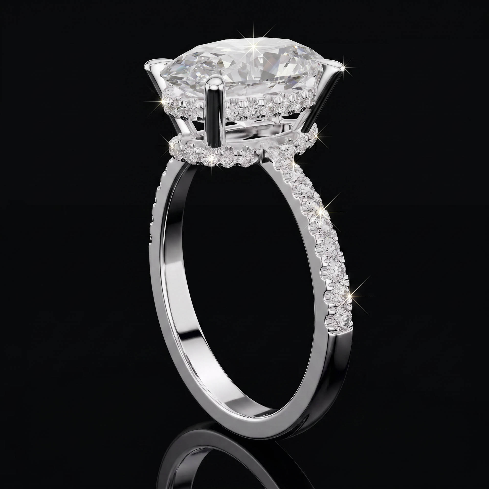 Aura 3,34 Karat Oval Kesim Çift Sıra Gizli Halo Pavé Kollu Tektaş Yüzük
