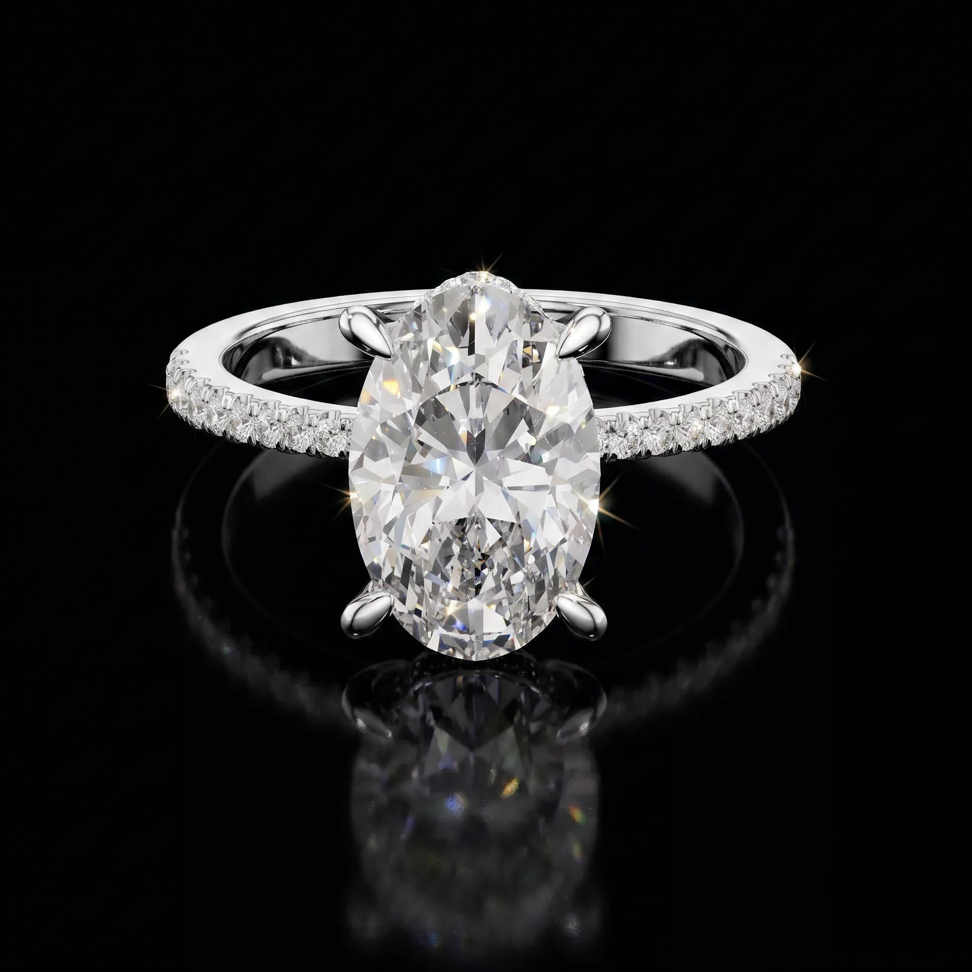 Aura 3,34 Karat Oval Kesim Çift Sıra Gizli Halo Pavé Kollu Tektaş Yüzük