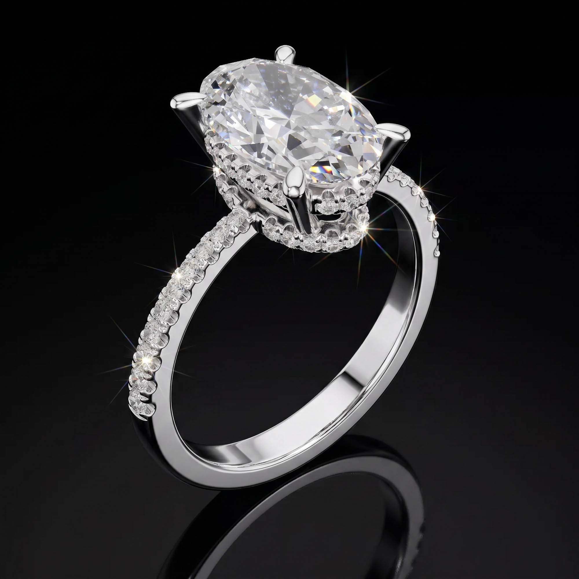 Aura 3,34 Karat Oval Kesim Çift Sıra Gizli Halo Pavé Kollu Tektaş Yüzük