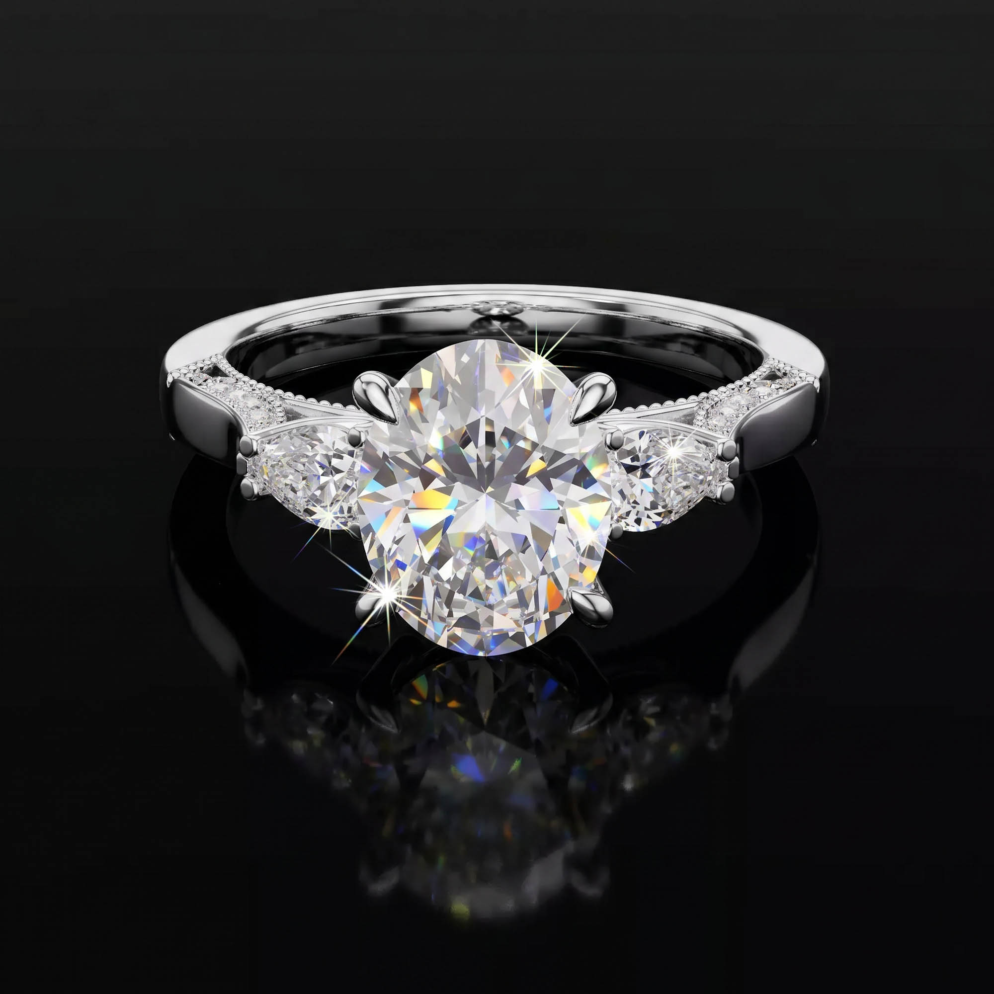 Aura 2,15 Karat Oval ve Damla Kesim Vintage Milgrain Tria Yüzük
