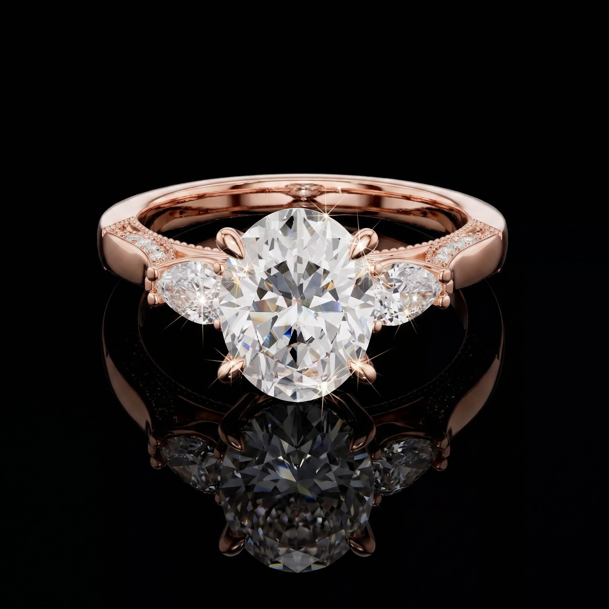 Aura 2,15 Karat Oval ve Damla Kesim Vintage Milgrain Tria Yüzük