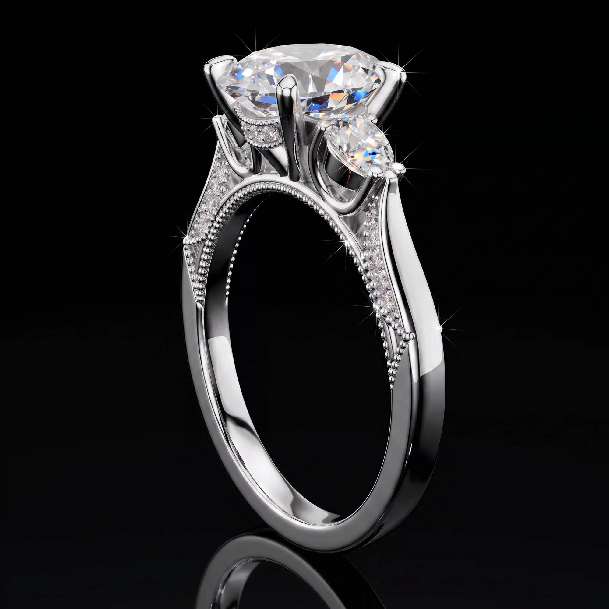Aura 2,15 Karat Oval ve Damla Kesim Vintage Milgrain Tria Yüzük