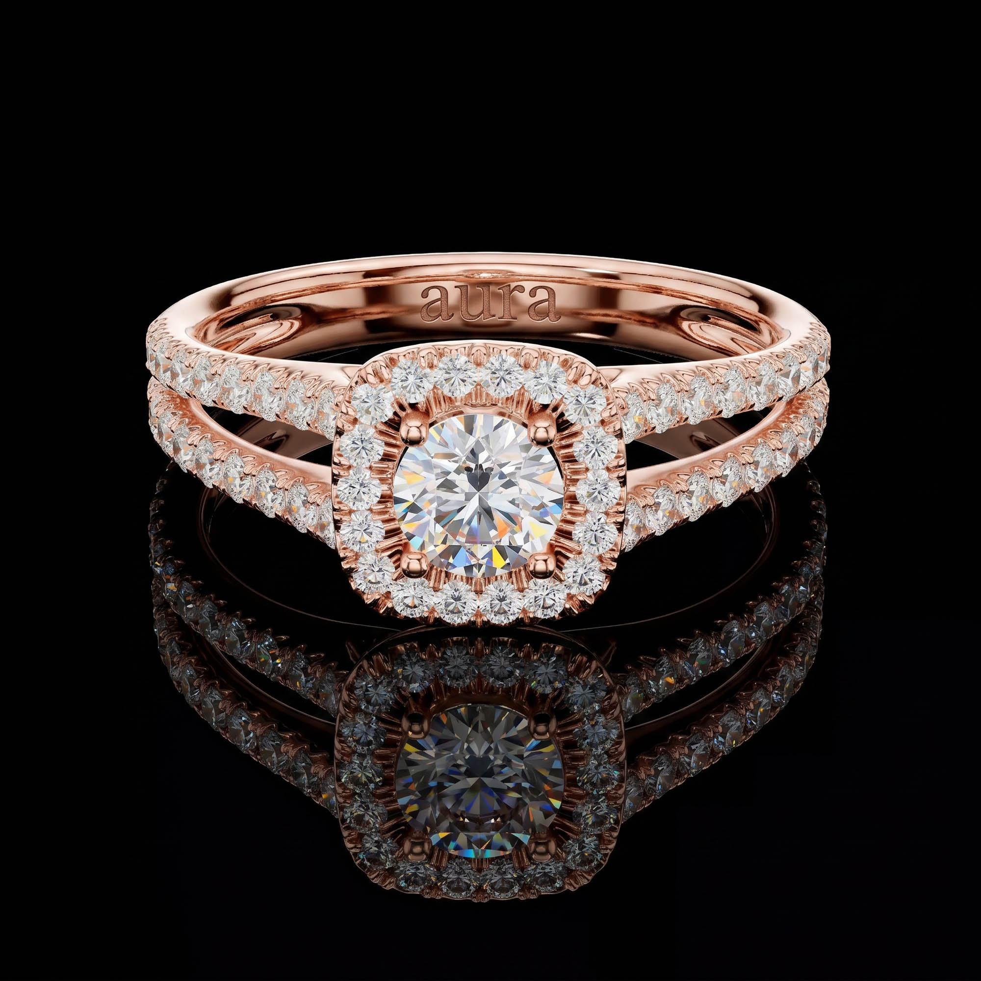 Aura 1,00 Karat Çift Sıra Kollu Cushion Halo Tektaş Yüzük