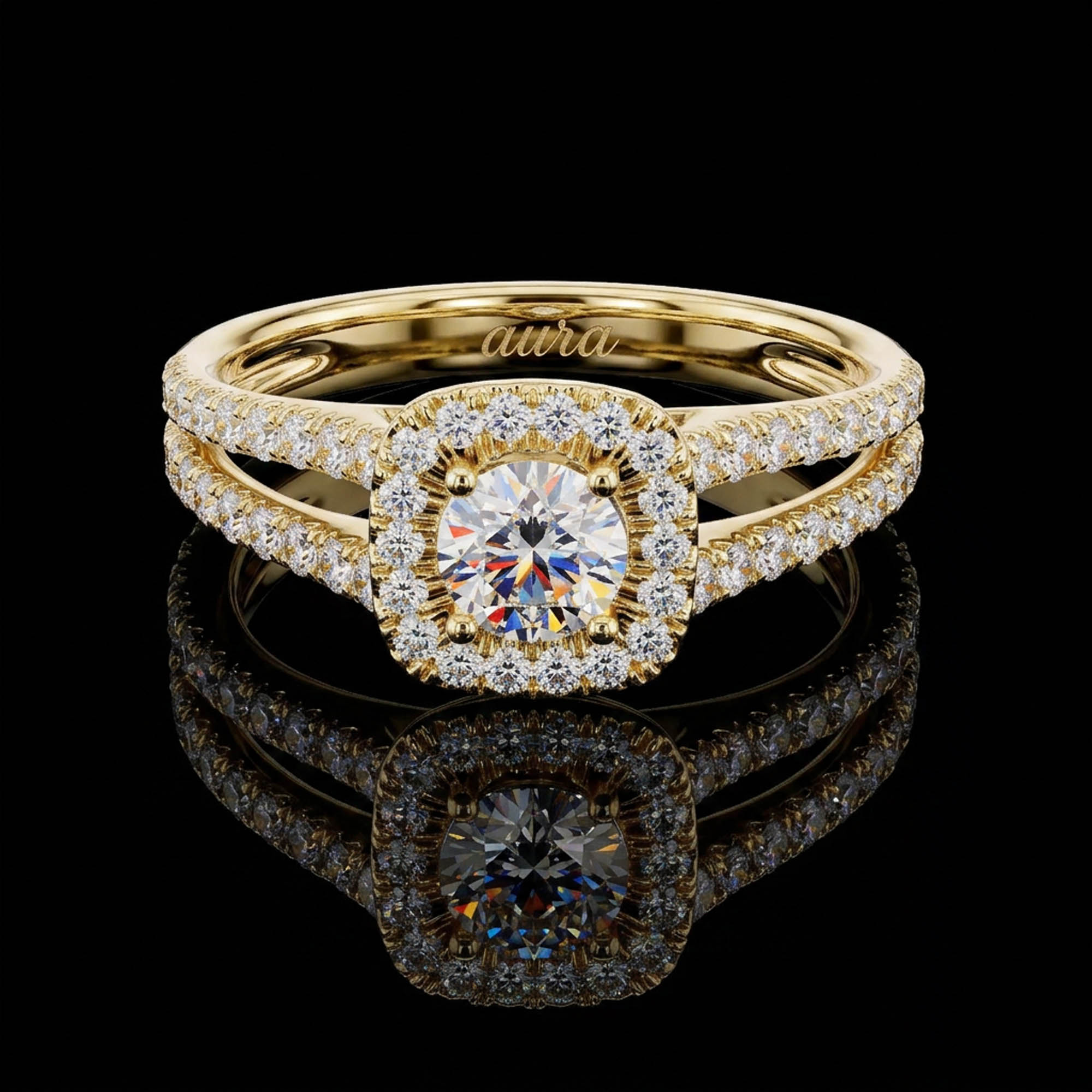 Aura 1,00 Karat Çift Sıra Kollu Cushion Halo Tektaş Yüzük