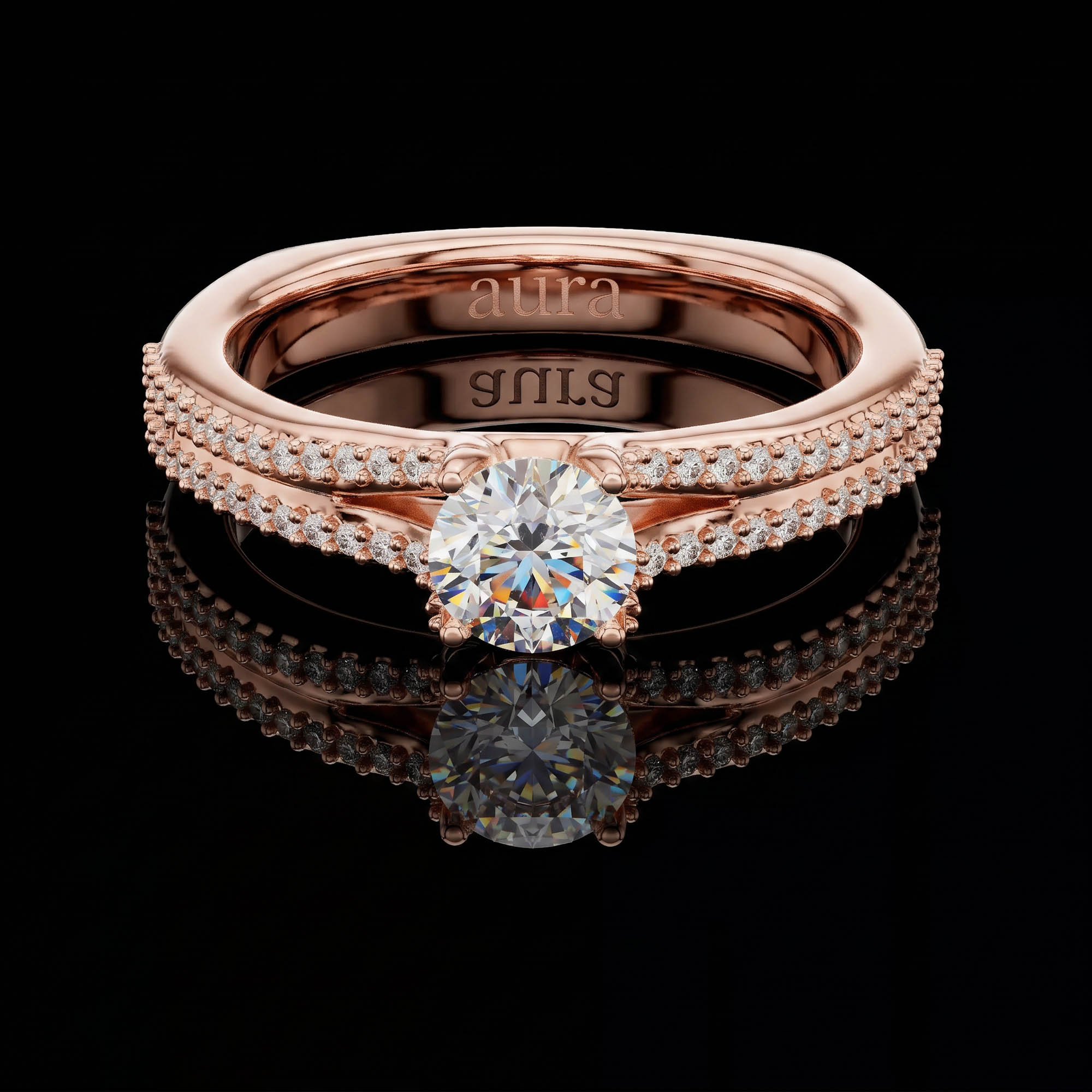Aura 0,87 Karat Çift Sıra Mikro Taşlı Euro-Shank Tektaş Yüzük